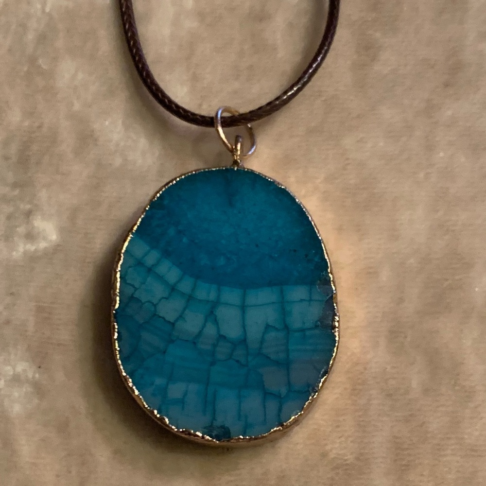 Spider Vein Agate Pendant with Electroplated Gold Edges & Brown Cord Necklace